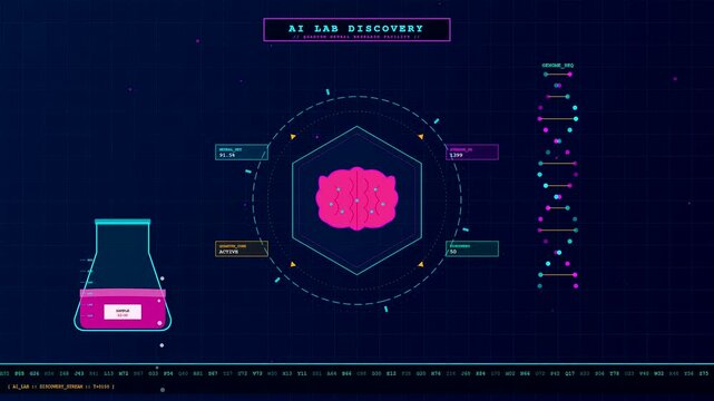 A futuristic Ai Lab Discovery interface displaying complex neural networks and genetic data streams within a high tech digital laboratory environment for scientific research