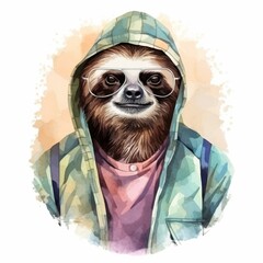Fototapeta premium Stylish sloth wearing sunglasses and a hoodie poses in a modern artistic illustration with a vibrant watercolor background