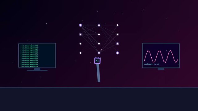 An immersive Ai Lab Discovery animation featuring complex neural network nodes and data waveforms flickering across screens within a vast celestial void of knowledge