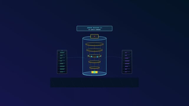 The futuristic Ai Lab Discovery sequence features an intricate holographic quantum processor emitting celestial glows while streaming complex digital data across a darkened cyberspace environment