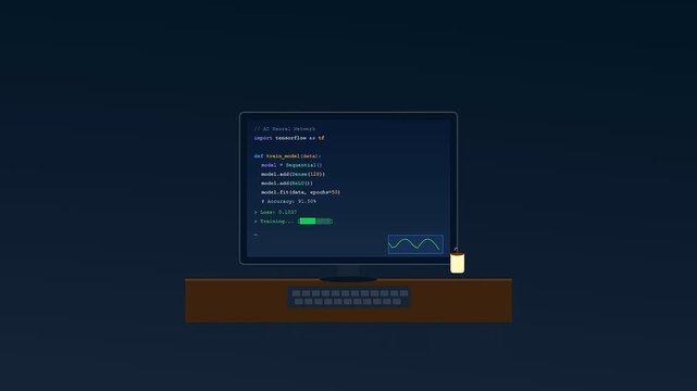 An immersive Ai Lab Discovery sequence featuring a computer monitor displaying Python code as a machine learning model optimizes its accuracy through iterative training cycles