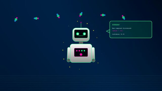 An innovative Ai Lab Discovery unfolds as a cute futuristic robot identifies a complex molecular compound amidst a dark shimmering digital void for science
