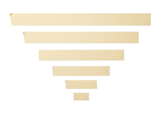 Five distinct matte beige masking tape strips, graduated lengths, clean-cut, diagonally arranged on a transparent background with bright studio light. Concept of methodical measurement