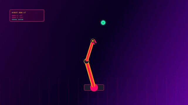 An Ai Lab Discovery showcasing a neon robotic arm articulating through virtual space to reach a precise target point within a futuristic digital simulation