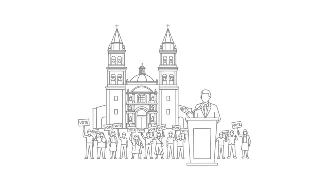 Politician addressing crowd of voters in front of cathedral
