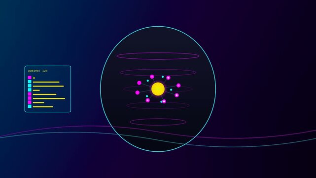 A sophisticated motion graphic depicting an Ai Lab Discovery through a glowing atomic structure with oscillating particles and a futuristic digital data dashboard interface