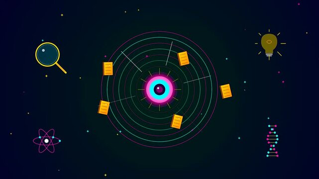 A cinematic digital animation depicting an Ai Lab Discovery where a glowing ocular interface parses scattered knowledge volumes and scientific glyphs within a cosmic void
