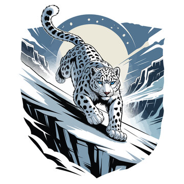 Snow leopard in mountainous terrain running.