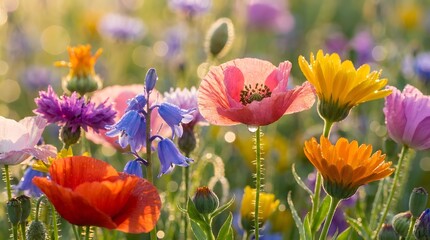 Fototapeta premium Colorful Blooming Flowers Macro Photography with Dew Drops
