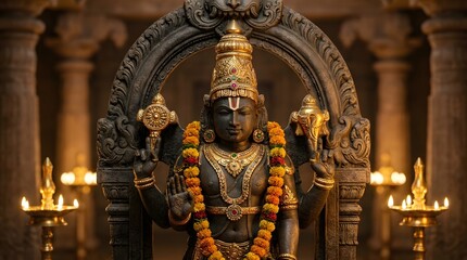 Obraz premium Hindu deity statue with garland standing.