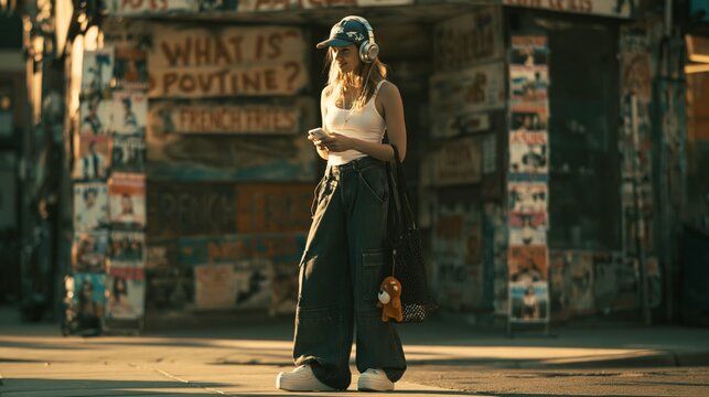 stylish young woman on urban street in cinematic vintage fashion portrait