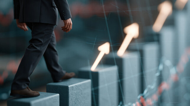 Stepping Towards Ascent: A determined professional in a suit confidently ascends a staircase fashioned from financial bars, symbolizing growth and progress within the business landscape.