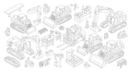 Obraz premium isometric line art collection of heavy machinery construction equipment and industrial vehicles with workshop tools for engineering.
