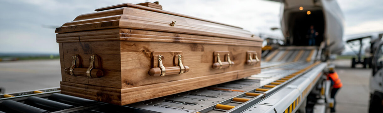 Solemn Journey: A detailed wooden coffin is meticulously loaded onto an aircraft, representing a final journey and transition with respectful solemnity.