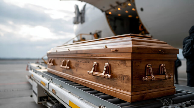 Solemn Farewell: A wooden casket rests upon a transport, poised for its final journey, set against the backdrop of an aircraft at an airport, symbolizing the solemnity of farewell.
