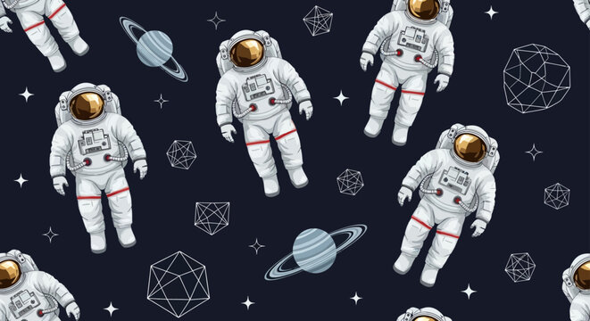 astronauts exploring vast outer space in a cosmic seamless pattern featuring planets stars and abstract geometric shapes.