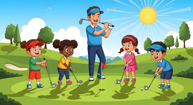 Children Learning Golf with Coach on Sunny Green Course