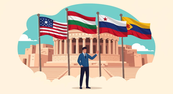 Vector illustration of a professional man in a suit standing in front of multiple international flags and a classical government building with columns in a flat design style.