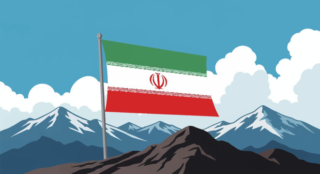 Vector illustration of the national flag of Iran waving on a flagpole atop a rocky mountain peak, featuring green white and red stripes with the central emblem and Kufic script background.