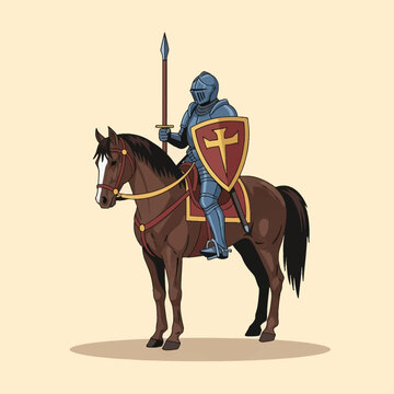 Medieval knight in full blue-tinted plate armor riding a brown warhorse while holding a vertical spear and a heater shield with a golden cross, isolated vector illustration.
