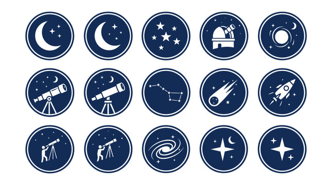 Diverse Space Icon Circles in Deep Blue Badges.