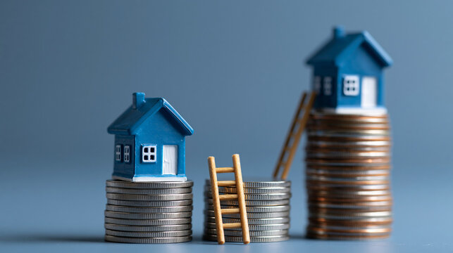 Climbing the Ladder of Homeownership: A metaphorical representation of financial growth and aspiration, with miniature houses perched atop stacks of coins and a ladder.
