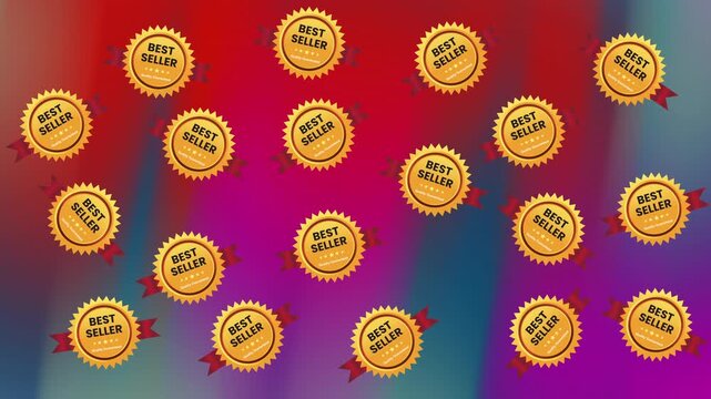 Numerous gold best seller badges on colorful background. Suitable for promoting top selling products and boosting sales in various industries.