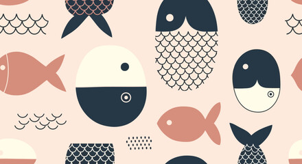 Fototapeta premium cute fish seamless pattern with waves and scales cartoon style playful illustration