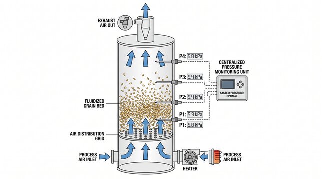 A detailed diagram of a fluidized granulation process in a pharmaceutical or chemical engineering context