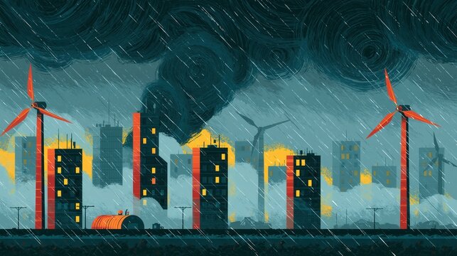 Dark stormy clouds and heavy rain over city skyline with wind turbines illustration.