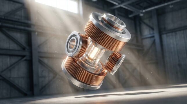 A futuristic copper and silver electromagnetic device floats in mid-air within a large industrial.