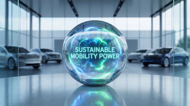 Glowing blue orb with sustainable mobility power text in a modern electric car showroom with sleek.