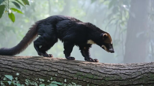 Wild Tasmanian devil walking along a large tree branch in a misty forest environment. Cinematic wildlife scene ideal for nature documentaries, environmental storytelling, conservation content,