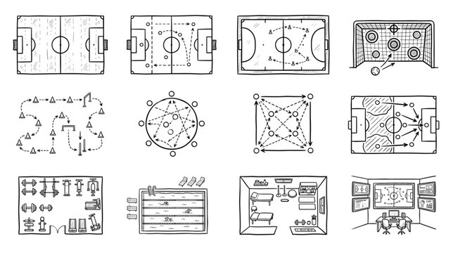 Soccer Coaching Tactical Pitch Layout Player Formation Diagrams and Strategy Boards Sketch Illustration Set