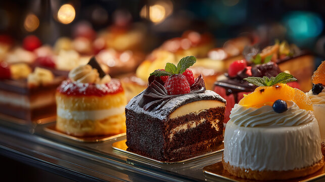 A delectable display of miniature cakes and tarts, adorned with fresh fruits and creamy frosting, showcased elegantly in a bakery display case under soft lighting.
