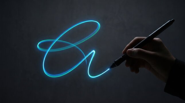 A hand holding a stylus draws a glowing blue neon cursive letter on a dark background with smooth.