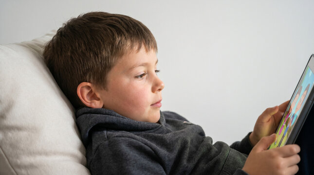 Young Boy Addicted to Mobile Phone Screen Time at Home Digital Distraction Concept 