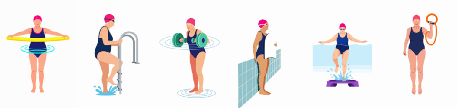 Senior women performing various water aerobics and aqua fitness exercises in a swimming pool, flat vector illustration.