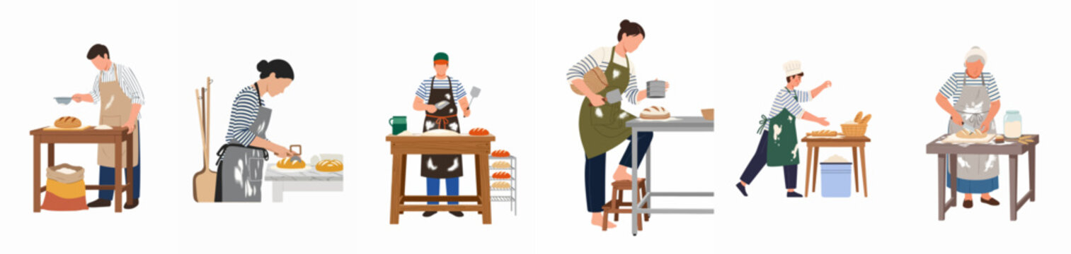 Flat vector illustration of various bakers and pastry chefs working at tables, preparing artisanal bread and dough in a professional kitchen or home bakery.