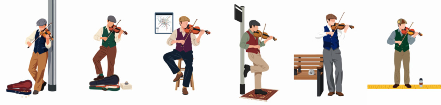Set of Flat Illustrations Depicting a Male Street Performer Playing Violin in Various Urban Settings, Wearing Vintage Attire and Flat Cap.