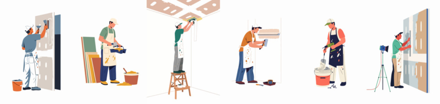 Professional drywall installers and plasterers set of illustrations featuring workers sanding, mixing compound, and finishing walls for construction projects.