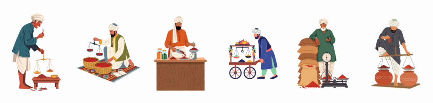 Set of Flat Illustrations Depicting Traditional Indian Spice Merchants Weighing Red Chili Peppers and Other Ingredients in Various Market Scenes