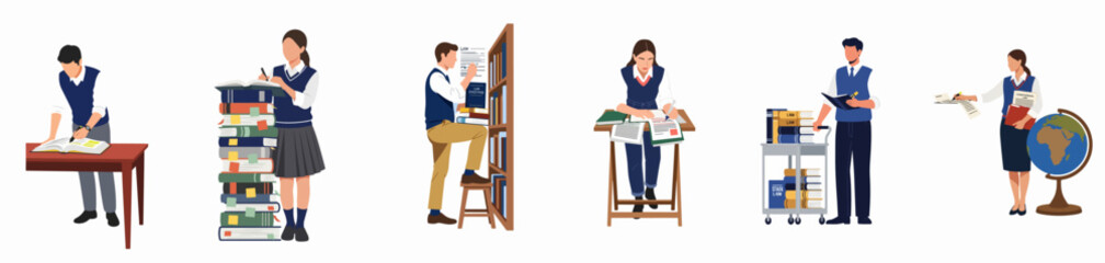 Fototapeta premium Collection of law students studying, researching legal cases, and reading books in a university library setting, flat vector illustration.