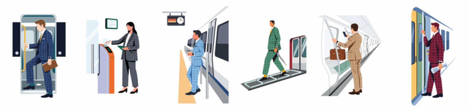 Flat vector illustrations of business professionals commuting on the subway, boarding trains, and using public transport in formal suits.