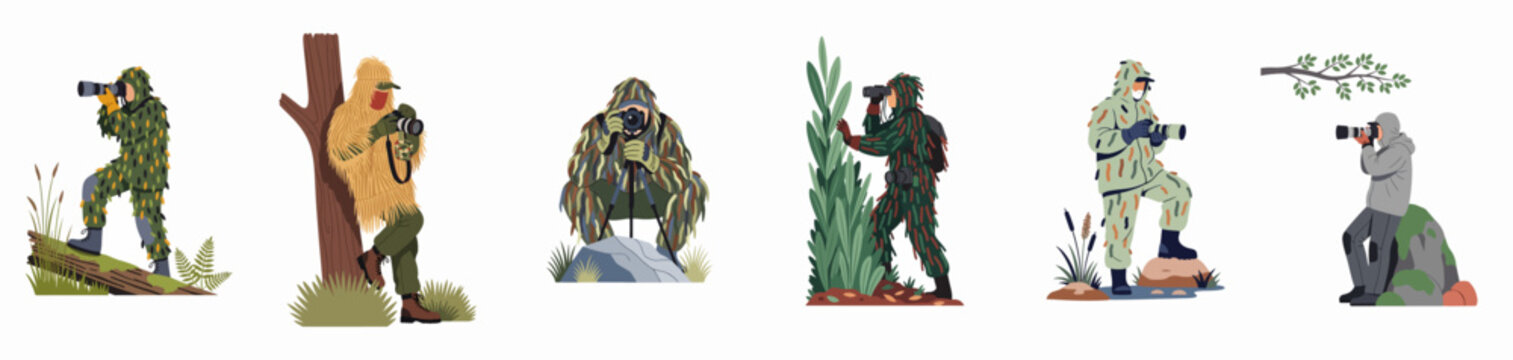 Vector illustration set of professional wildlife photographers wearing various camouflage gear and ghillie suits while taking photos in different natural environments.
