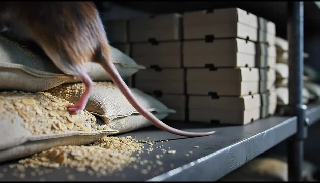 Rodent pest spreading disease and infection in a dark dirty food storage pantry