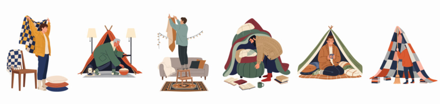 Set of flat vector illustrations showing men of different ages building and relaxing in cozy homemade blanket forts and indoor tents at home.
