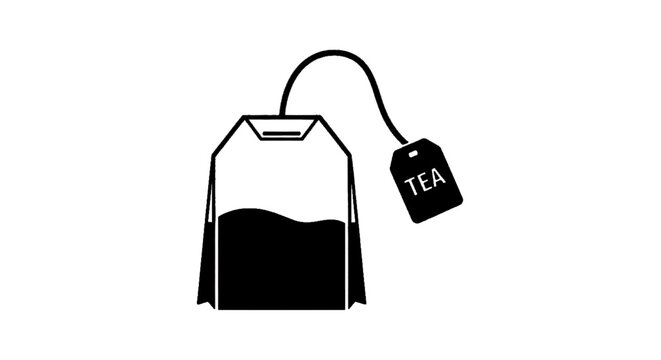 Minimal black silhouette icon, simple flat vector, bold black shape, no, no shading black and white icon of a tea bag with a tag on a, flat icon style