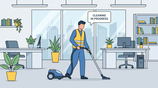 Office janitor cleaning the floor with a vacuum.