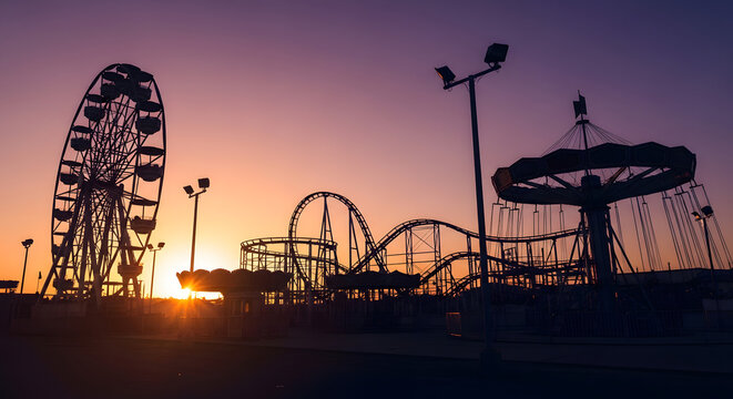 Amusement park rides at sunset silhouette